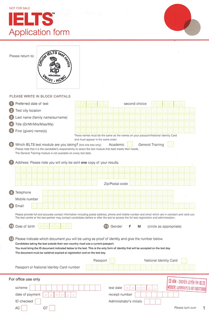 Mẫu đơn đăng ký đi thi IELTS